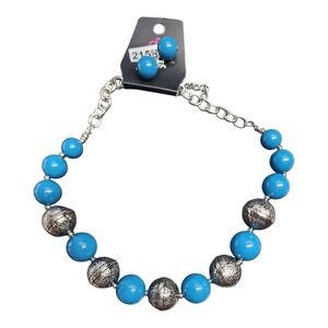 Paparazzi Necklace and Earrings Set Blue Silver Tone Statement Jewelry‎ New NWT